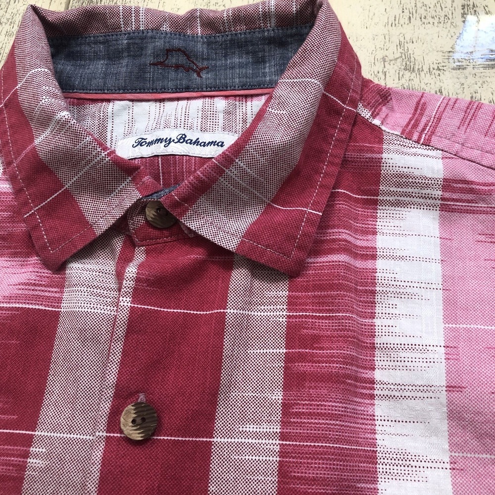 TOMMY BAHAMA Pink Serape Short Sleeve Cotton Silk Button Down Shirt Casual Beach